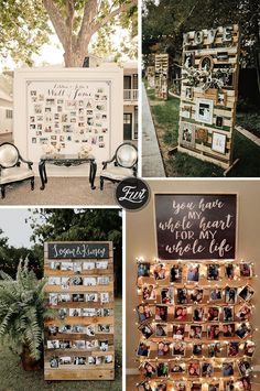 the wedding ceremony was decorated with photos and chairs, which were made out of pallets