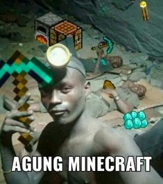 a man with no shirt on holding up a game controller in front of him and the caption says, aging minecraft