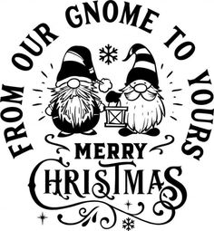 a black and white christmas card with two gnomes