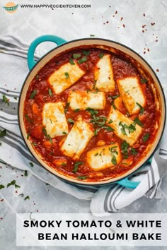 a pan filled with tofu and white bean halloui bake on top of a