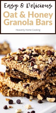 homemade granola bars stacked on top of each other with chocolate chips and oats