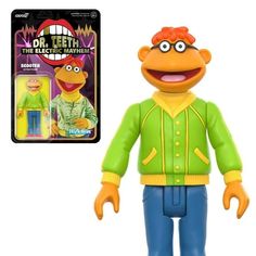 the muppet man action figure has an orange hair and green jacket with blue pants