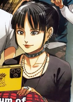 an anime character is holding a camera in front of her and looking at the camera