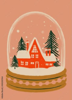 a snow globe with a red house in the middle and trees inside it, on an orange background