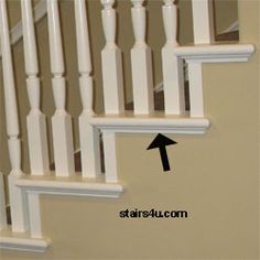 an arrow pointing to the bottom of a stair case with white railings and handrails