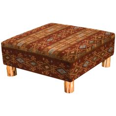 a footstool that is made out of wood and has a colorful pattern on it