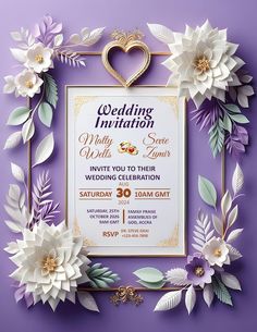 a wedding card with paper flowers and leaves on purple background, in the shape of a heart