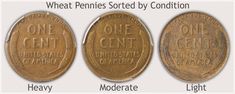 three different types of coins with the words, what pennies sorted by condition