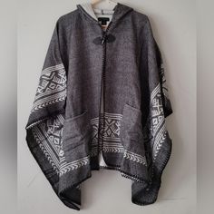 Tribal Design Button Closure Two Front Pockets Hoodie Tiny Fraid Is One Side Steve Madden Poncho, Steve Madden Jacket, White Poncho, Pocket Hoodie, Steve Madden, Jackets & Coats, Jackets For Women, Black White, Black And White