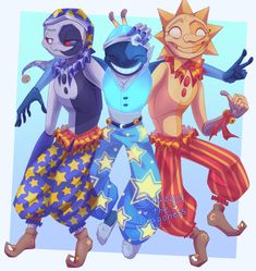 three cartoon characters are dancing together in colorful outfits with stars on their pants and shoes