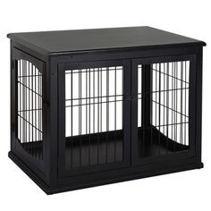 a black wooden crate with two doors and one door open to reveal a caged area