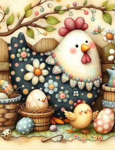 a painting of an egg laying on the ground next to some chickens and eggs in baskets