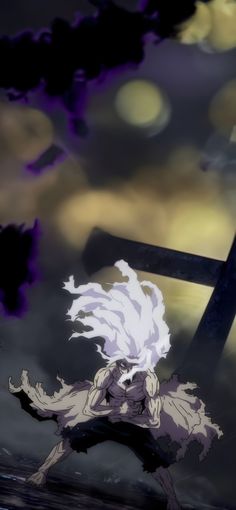 an anime character with long white hair is in front of a cross