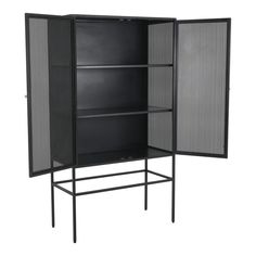 a black cabinet with mesh doors and shelves