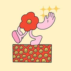 an image of a cartoon character holding a flower on top of a box with sunbursts in the background