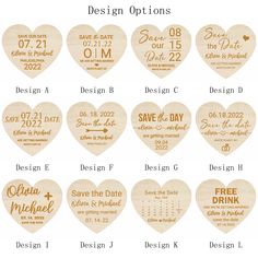 wooden heart save the date magnets with names and dates for wedding, anniversary or valentine's day