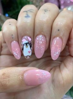 Themed Nail Art Designs, Pink Reindeer Nails, Pink Nutcracker Nails, Sugar Plum Fairy Nails, Nails Navidad, New Years Eve Nail, Penguin Nails, New Years Nails, Christmas Nail Ideas