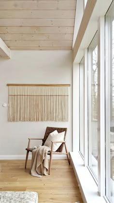 a chair sitting on top of a hard wood floor next to a wall mounted painting