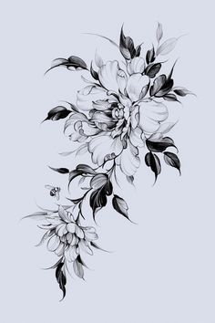 a black and white drawing of flowers on a light blue background with the words, i love