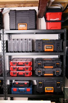 there are many tools on the shelves in this storage room and it is hard to find