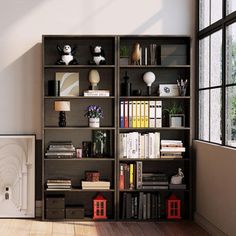 a bookshelf filled with lots of books in front of a window next to a wooden floor