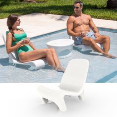 a man and woman sitting next to each other in a pool with a white chair