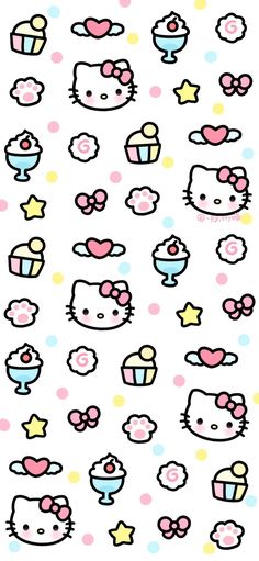 hello kitty wallpaper with many different kinds of items on it's side, including cupcakes and stars