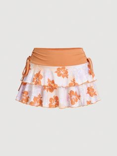 Naranja Bohemio Collar  Tela tejida Color combinado,Floral,Plantas,todo estampado A capas Embellished Elástico Alto Printed Tee Women, Tropical Outfit, Orange Skirt, Aline Skirt, Women Skirts, Fall Skirts, White Skirts, A Line Skirt, Fashion Online Shop