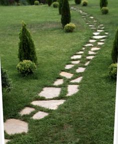 a stone path in the middle of a grassy field