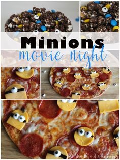 some pizzas with googly eyes on them and the words, minions movie night