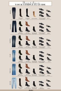 Shoe Matching Guide Women, What Shoes To Wear With Different Jeans, Shoes With Pants Guide, What Shoes To Wear With Different Pants, Outfit Guide What To Wear, Pants And Shoes Guide Women, Type Of Shoes To Wear With Dresses, Shoes For Different Pants