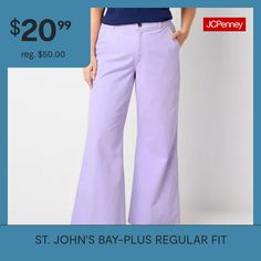 These stylish St. John's Bay wide-leg trousers are designed to be a tailored everyday essential. They're crafted from stretch cotton-twill for a high-rise with a wide-leg silhouette, a button-zip fly and front and back slip pockets. Style yours with a blouse and loafers. Front Style: Flat FrontClosure Type: Button & ZipperFit: Regular FitPockets: 2 Front Slip Pockets, 2 Back Slip PocketsRise: High RiseBase Material: 98% Cotton, 2% SpandexFiber Content: 98% Cotton, 2% SpandexFabric Description: … Pants Trousers, Wide Leg Trousers, Stretch Cotton, Cotton Twill, Everyday Essentials Products, Clothing And Shoes, Wide Leg, Trousers, Great Deals