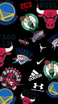 the chicago bulls and other sports team logos are depicted on a black background in this image