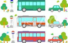 various types of buses and cars on a white background with trees, bushes and street lights