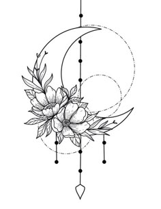 the moon with flowers on it is drawn in black and white, as well as an arrow