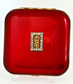 Vintage Art Deco Mondaine Irridiscent Red Enamel Encased Triple Vanity Compact. Gold Enamel Art Deco Jewelry, Red Art Deco Hallmarked Jewelry, Red Enamel Vintage Earrings, Vintage Mirror Compact, Antique Makeup Compacts, Art Deco Movement, Cosmetic Case