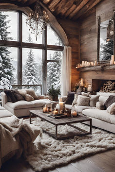 a living room filled with lots of furniture next to a large window covered in snow