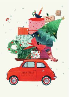 a red car with presents on top of it