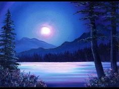 a painting of a full moon over a lake with trees and mountains in the background