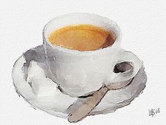 a painting of a coffee cup and spoon on a saucer with watercolor paper