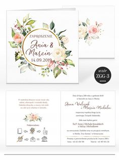 the wedding stationery is shown with flowers and leaves