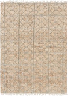 an orange and beige rug with geometric designs on the bottom, along with fringes