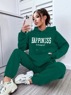 Green Casual Collar Long Sleeve  Letter  Embellished Slight Stretch  Women Co-ords Outfit Verde, Thermal Hoodie, Outfit Styling, Dropped Shoulder Sweatshirt, Fun Crochet, Khaki Fashion, Hoodie And Sweatpants, Track Shorts, Sweatpants Set