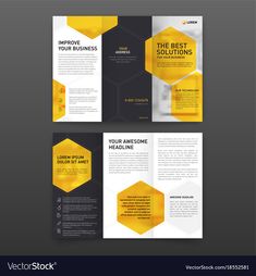 a yellow and black brochure with hexagonal shapes on the front, back and