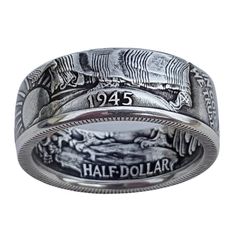 PRICES MAY VARY. 【 STYLISH & MEANINGFUL DESIGN 】: Special with 1945 Half Dollar coin ring design which prominently displays the United States of America 【 MEETING GIFTS 】: A wonderful gift for yourself, your friends, your lovers, your family or other people dear to you on many occasions: Father’s Day, Birthdays, Christmas, Retirement, Anniversary, or any other gift giving occasion 【 SIZE & MATERIAL 】: Made from high quality alloy, keeping its beauty over time, no harmful for people. Fits most cu One Dollar Ring, Silver Coin Ring, Coin Rings, Country Rings, Mens Rings Fashion, Sterling Silver Jewelry Rings, Retro Ring, Christmas Board, Party Rings