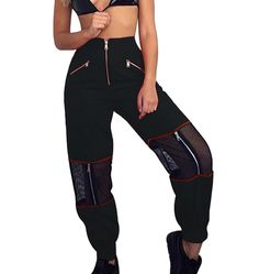 PRICES MAY VARY. Note:This Hiphop Pants Fit for Person whose height in 5'3"-5'8" Included:One Piece Mesh Stitching Jogger Sweatpant Design:Multi-Zipper,Hiphop Style,See Through Mesh Patchwork,Elastic Cuff,Zip Up Front,Elastic Waist Casual Pant These Ankle Length Jogger Pants are good choices for the women who want a Cool and Simple fit.Elastic Waist with Zipper and Ankle Length are Fashionable enough for you all year. For More Other Style Leisure Pants,pls click"GUOLEZEEV",Thank you~! Women Mesh Taiwan Street Fashion, Hiphop Pants, Halloween Rave Outfits, Women Pants Size Chart, Hiphop Dance, Hiphop Style, Rave Pants, Unique Pants, Hip Hop Pants