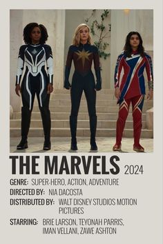 the poster for the upcoming movie, the marvels is shown in three different colors