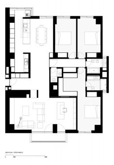 the floor plan for an apartment with two beds and one living room, which is divided into three separate rooms