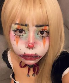 Face Paint Alternative, Clown Face Paint Scary, Cute Colorful Clown Makeup, Scary Cute Clown Makeup, Clown Makeup Pastel, Face Paint Ideas Clown, Clown Makeup Template, Tiktok Clown Makeup, Porcelain Clown Makeup