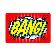 the word bang on a red background with yellow and blue letters in comic pop art style